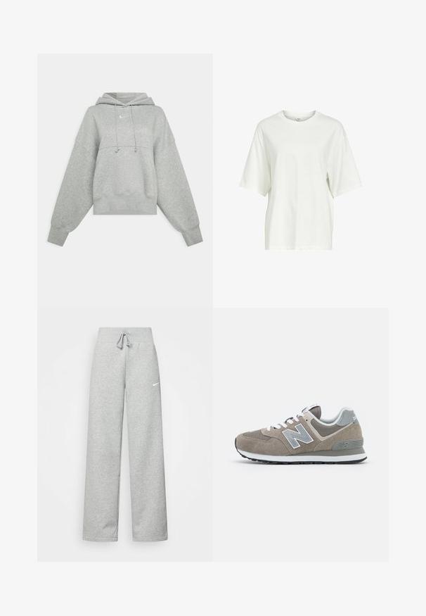 Grijze cropped hoodie van zacht materiaal. Heeft een verstelbare trekkoordcapuchon, brede mouwen en een klein logo op de voorkant.; Effen witte oversized T-shirt met korte mouwen, een ronde hals en een klein label aan de binnenkant van de kraag.; Grijze sweatpants met een elastische tailleband, een trekkoord-detail en een klein wit Nike-logo op de linkerdij. Zachte stof, losvallend.; Bruine suède sneakers met grijze mesh accenten, witte veters en een grijs 'N' logo. Rubber zolen met een lichte profiel voor grip.