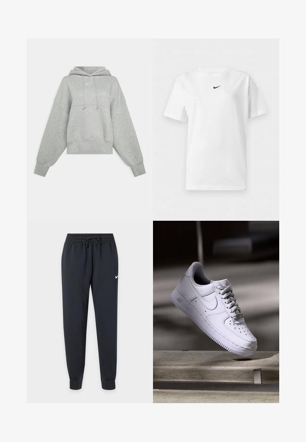 Sweat-shirt court gris en tissu doux. Dispose d'une capuche réglable avec cordon, de manches larges et d'un petit logo à l'avant.; T-shirt blanc manches courtes à col rond avec un petit logo noir Nike Swoosh centré près du col.; Pantalon de survêtement Nike noir avec taille élastique et cordon, jambes fuselées, chevilles bord-côte et petit logo Nike blanc sur la cuisse droite.; Baskets Nike Air Force 1 blanches lévitant au-dessus d'une surface en béton avec des ombres dans un cadre minimaliste.
