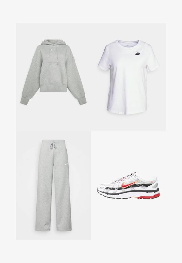 Grå cropped hoodie lavet af blødt materiale. Har en justerbar hætte med snoretræk, brede ærmer og et lille logo på forsiden.; Hvid bomulds t-shirt med rund halsudskæring og korte ærmer. Har et sort Nike-logo i det øverste venstre brystområde.; Grå sweatpants med elastisk talje, snor detaljer og et lille hvidt Nike-logo på venstre lår. Blødt stof, løs pasform.; Hvide og sorte atletiske sko med røde og gyldne accenter. Har en mesh-overdel, polstret sål og et sikkert snøredesign.