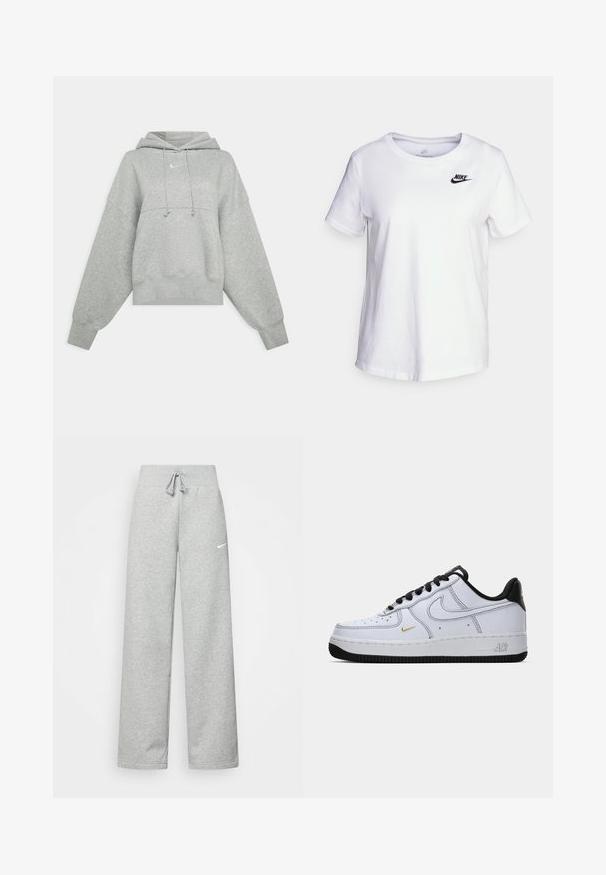Gray cropped hoodie made of soft fabric. Features a adjustable drawstring hood, wide sleeves, and a small logo on the front.; White cotton t-shirt with a round neckline and short sleeves. Features a black Nike logo on the upper left chest area.; Gray sweatpants with an elastic waistband, drawstring detail, and a small white Nike logo on the left thigh. Soft fabric, loose fitting.; White low-top Nike Air Force 1 sneaker with black sole, black laces, black heel, and small gold swoosh on side.