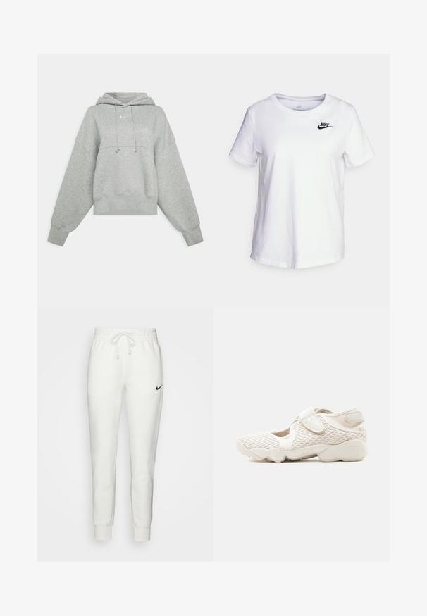 Γκρι κοντό hoodie φτιαγμένο από μαλακό ύφασμα. Διαθέτει ρυθμιζόμενη κουκούλα με κορδόνι, φαρδιές μανίκες και ένα μικρό λογότυπο μπροστά.; Λευκή βαμβακερή μπλούζα με στρογγυλή λαιμόκοψη και κοντά μανίκια. Διαθέτει μαύρο λογότυπο Nike στην επάνω αριστερή πλευρά του στήθους.; Λευκά παντελόνια φόρμας από βαμβάκι με ελαστική μέση, κορδόνι και μαύρο λογότυπο Nike στην αριστερή πλευρά. Στενά μανίκια στους αστραγάλους.; Ανοιχτό μπεζ αθλητικό παπούτσι Nike με άνω μέρος από δίχτυ, λουράκια με βέλκρο, μαλακή σόλα και κομμένες πλευρές, σχεδιασμένο για άνεση και αναπνοή.