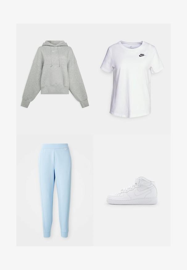 Sudadera recortada gris hecha de tejido suave. Cuenta con una capucha ajustable con cordón, mangas anchas y un pequeño logo en la parte delantera.; Camiseta de algodón blanca con cuello redondo y mangas cortas. Presenta un logotipo negro de Nike en la parte superior izquierda del pecho.; Pantalones de chándal azul claro hechos de material suave, que presentan una textura lisa, piernas ajustadas y un sutil acento de logo en el costado.; Zapatillas altas blancas de cuero con cuello acolchado, puntera perforada, cordones y correa ajustable en el tobillo; logo en el lado.