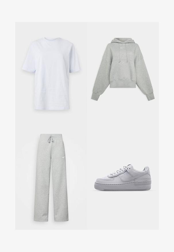 Sudadera recortada gris hecha de tejido suave. Cuenta con una capucha ajustable con cordón, mangas anchas y un pequeño logo en la parte delantera.; Camiseta blanca de algodón con mangas cortas, escote redondo y un pequeño logo situado cerca del cuello. Tejido suave, corte holgado.; Pantalones de chándal grises con cintura elástica, detalle de cordón y un pequeño logo blanco de Nike en el muslo izquierdo. Tejido suave, de corte holgado.; Zapatilla Nike Air Force 1 gris con puntera perforada, parte superior de cuero suave, suela gruesa y detalle en relieve 'AIR' en el talón.