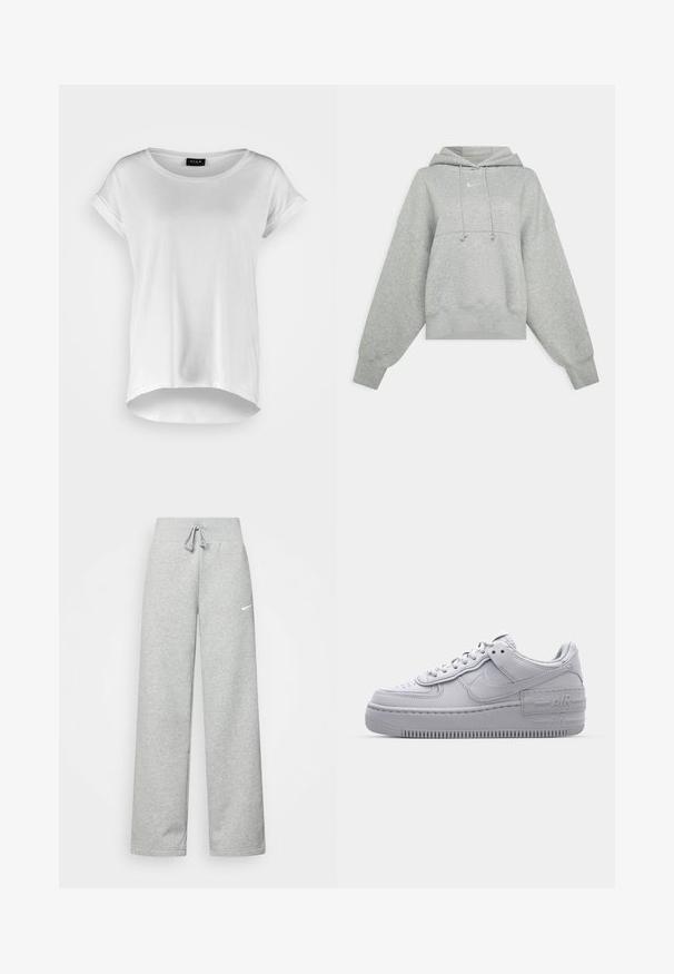 Γκρι κοντό hoodie φτιαγμένο από μαλακό ύφασμα. Διαθέτει ρυθμιζόμενη κουκούλα με κορδόνι, φαρδιές μανίκες και ένα μικρό λογότυπο μπροστά.; Λευκό κοντομάνικο μπλουζάκι με στρογγυλή λαιμόκοψη, ελαφρώς πιο μακρύ πίσω στρίφωμα, μαλακό βαμβακερό ύφασμα και κυλινδρικά μανίκια. Χωρίς ορατές εκτυπώσεις.; Γκρίζα φόρμα με ελαστική μέση, λεπτομέρεια με κορδόνι και μικρό λευκό λογότυπο Nike στο αριστερό μηρό. Μαλακό ύφασμα, χαλαρή εφαρμογή.; Γκρι Nike Air Force 1 αθλητικό παπούτσι με πορώδη μύτη, λεία δερμάτινη επάνω επιφάνεια, χοντρή σόλα και ανάγλυφη λεπτομέρεια 'AIR' στην φτέρνα.