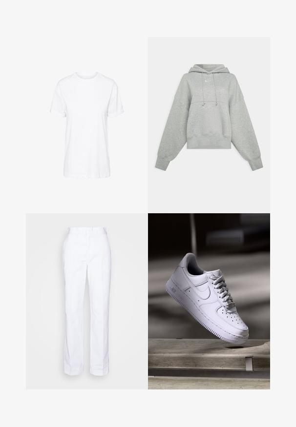 Sweat-shirt court gris en tissu doux. Dispose d'une capuche réglable avec cordon, de manches larges et d'un petit logo à l'avant.; T-shirt en coton blanc avec des manches courtes, un col rond et une coupe décontractée, offrant une texture lisse et sans motifs visibles.; Pantalons blancs à jambes droites en coton. Présentent un devant plat, des passants de ceinture et pas de poches visibles. Texture lisse et design minimaliste.; Baskets Nike Air Force 1 blanches lévitant au-dessus d'une surface en béton avec des ombres dans un cadre minimaliste.