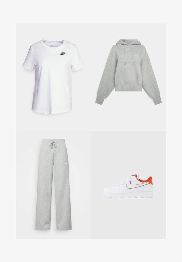 Sudadera recortada gris hecha de tejido suave. Cuenta con una capucha ajustable con cordón, mangas anchas y un pequeño logo en la parte delantera.; Camiseta de algodón blanca con cuello redondo y mangas cortas. Presenta un logotipo negro de Nike en la parte superior izquierda del pecho.; Pantalones de chándal grises con cintura elástica, detalle de cordón y un pequeño logo blanco de Nike en el muslo izquierdo. Tejido suave, de corte holgado.; Zapatilla deportiva de cuero blanco con detalles en naranja, suela de goma texturizada, detalle de perforaciones en la puntera y el clásico logo Swoosh de Nike en rojo.