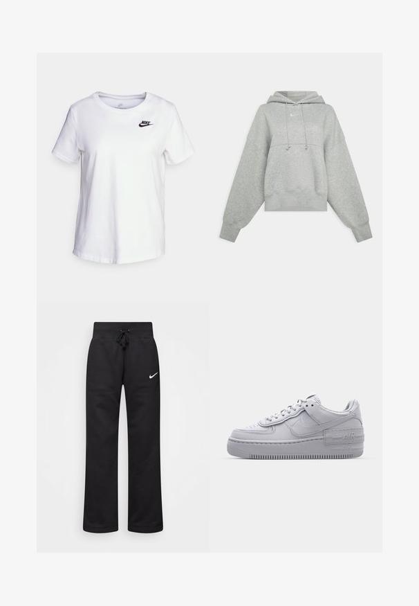 Graue, verkürzte Kapuzenjacke aus weichem Stoff. Sie verfügt über eine verstellbare Kapuze mit Zugband, weite Ärmel und ein kleines Logo auf der Vorderseite.; Weißes Baumwoll-T-Shirt mit Rundhalsausschnitt und kurzen Ärmeln. Mit einem schwarzen Nike-Logo auf der oberen linken Brustseite.; Schwarze Sweatpants aus einem Baumwollmix, mit einem Kordelzugbund, geraden Beinen und einem weißen Nike-Logo auf der linken Seite.; Graue Nike Air Force 1 Sneaker mit perforierter Zehenpartie, Obermaterial aus glattem Leder, dicker Sohle und geprägtem 'AIR'-Detail an der Ferse.