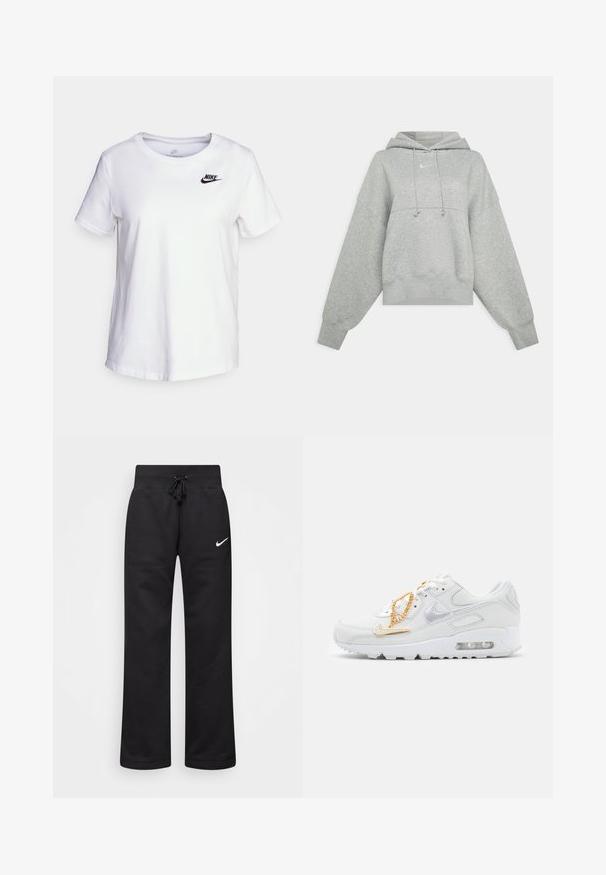 Graue, verkürzte Kapuzenjacke aus weichem Stoff. Sie verfügt über eine verstellbare Kapuze mit Zugband, weite Ärmel und ein kleines Logo auf der Vorderseite.; Weißes Baumwoll-T-Shirt mit Rundhalsausschnitt und kurzen Ärmeln. Mit einem schwarzen Nike-Logo auf der oberen linken Brustseite.; Schwarze Sweatpants aus einem Baumwollmix, mit einem Kordelzugbund, geraden Beinen und einem weißen Nike-Logo auf der linken Seite.; Nike Sportswear AIR MAX 90 - Sneaker low - summit white/dark beetroot/white/metalic gold