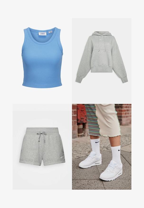 Γκρι κοντό hoodie φτιαγμένο από μαλακό ύφασμα. Διαθέτει ρυθμιζόμενη κουκούλα με κορδόνι, φαρδιές μανίκες και ένα μικρό λογότυπο μπροστά.; Ανοιχτό μπλε ριμπ τοπ χωρίς μανίκια, κοντό, με στρογγυλή λαιμόκοψη και ετικέτα με την επωνυμία JJXX στο εσωτερικό της λαιμόκοψης.; Γκρι αθλητικές βερμούδες από μαλακό ύφασμα, με ελαστική μέση και κορδόνι, και μικρό λογότυπο Nike στην κάτω αριστερή πλευρά.; Λευκά Nike Air Max 90 sneakers με επάνω μέρος από διχτυωτό και δερμάτινο υλικό, διαθέτοντας ορατή μονάδα αέρα, καθώς και λευκές ριμπ κάλτσες με μαύρο λογότυπο.