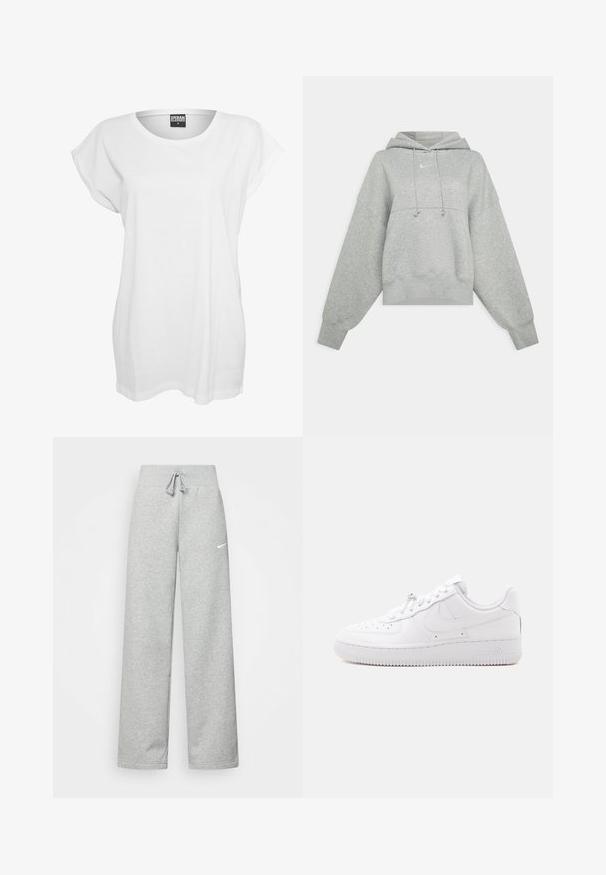 Sweat-shirt court gris en tissu doux. Dispose d'une capuche réglable avec cordon, de manches larges et d'un petit logo à l'avant.; T-shirt blanc à manches courtes en coton, présentant une coupe décontractée, un large décolleté et un design minimaliste sans motifs ni accents.; Pantalon de survêtement gris avec une taille élastique, un détail de cordon de serrage et un petit logo Nike blanc sur la cuisse gauche. Tissu doux, coupe ample.; Basket basse blanche avec embout perforé, fermeture à lacets, semelle texturée et un logo Swoosh discret sur le côté.