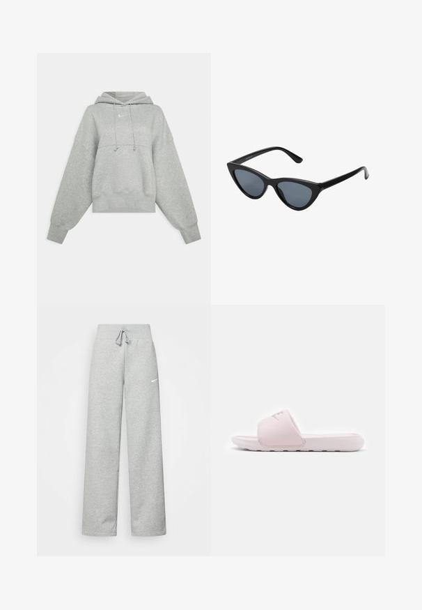 Γκρι κοντό hoodie φτιαγμένο από μαλακό ύφασμα. Διαθέτει ρυθμιζόμενη κουκούλα με κορδόνι, φαρδιές μανίκες και ένα μικρό λογότυπο μπροστά.; Γκρίζα φόρμα με ελαστική μέση, λεπτομέρεια με κορδόνι και μικρό λευκό λογότυπο Nike στο αριστερό μηρό. Μαλακό ύφασμα, χαλαρή εφαρμογή.; Ροζ σανδάλι με ευέλικτη καουτσούκ σόλα, επενδεδυμένο λουράκι και μινιμαλιστικό σχέδιο. Διαθέτει λογότυπο στο λουρί και ομαλή υφή.; Μαύρα γυαλιά ηλίου cat-eye με σκούρους γκρίζους φακούς, κομψό πλαστικό σκελετό, μυτερές γωνίες και ίσιους βραχίονες. Χωρίς ορατό υλικό ή διακοσμητικά στοιχεία.