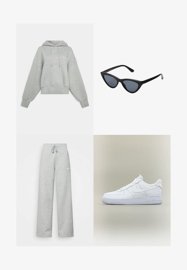 Γκρι κοντό hoodie φτιαγμένο από μαλακό ύφασμα. Διαθέτει ρυθμιζόμενη κουκούλα με κορδόνι, φαρδιές μανίκες και ένα μικρό λογότυπο μπροστά.; Γκρίζα φόρμα με ελαστική μέση, λεπτομέρεια με κορδόνι και μικρό λευκό λογότυπο Nike στο αριστερό μηρό. Μαλακό ύφασμα, χαλαρή εφαρμογή.; Λευκό χαμηλό sneaker Nike Air Force 1 με διάτρητο μπροστινό μέρος, κλείσιμο με κορδόνια και εμφανές λεπτομερές αερόσολας σε ουδέτερο φόντο.; Μαύρα γυαλιά ηλίου cat-eye με σκούρους γκρίζους φακούς, κομψό πλαστικό σκελετό, μυτερές γωνίες και ίσιους βραχίονες. Χωρίς ορατό υλικό ή διακοσμητικά στοιχεία.