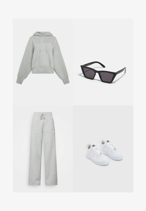 Grijze cropped hoodie van zacht materiaal. Heeft een verstelbare trekkoordcapuchon, brede mouwen en een klein logo op de voorkant.; Grijze sweatpants met een elastische tailleband, een trekkoord-detail en een klein wit Nike-logo op de linkerdij. Zachte stof, losvallend.; Witte Nike Air Force 1 sneakers met een glad leren bovenwerk, geperforeerde teenbox, witte veters en zwarte branding op de tong.; Zwarte, hoekige zonnebril met grijze lenzen; gemaakt van plastic, met dikke armen met een gladde oppervlakte en zonder zichtbare hardware.