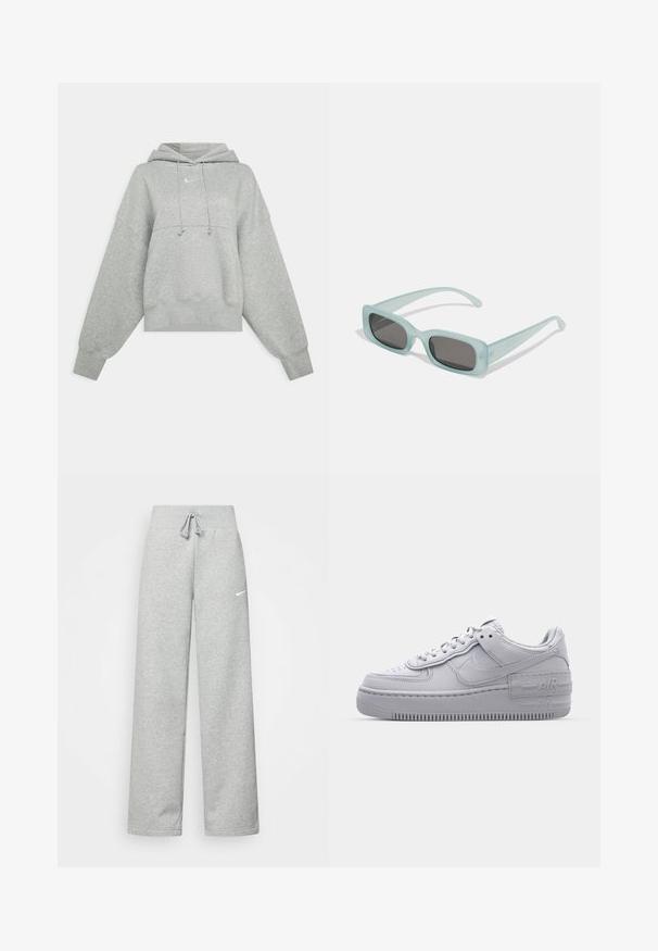 Grå cropped hoodie lavet af blødt materiale. Har en justerbar hætte med snoretræk, brede ærmer og et lille logo på forsiden.; Grå sweatpants med elastisk talje, snor detaljer og et lille hvidt Nike-logo på venstre lår. Blødt stof, løs pasform.; Grå Nike Air Force 1 sneakers med perforeret tå, glat læderoverdel, tyk sål og præget 'AIR' detalje på hælen.; Et par rektangulære solbriller med lyseblå gennemsigtige stel og mørkegrå linser, der har lige templer og minimale hardware detaljer.