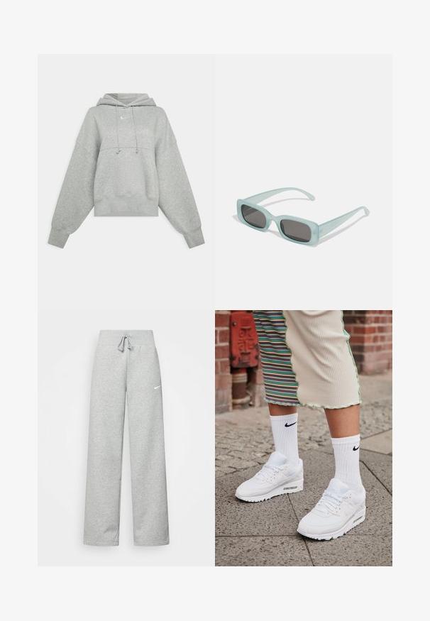 Grå cropped hoodie lavet af blødt materiale. Har en justerbar hætte med snoretræk, brede ærmer og et lille logo på forsiden.; Grå sweatpants med elastisk talje, snor detaljer og et lille hvidt Nike-logo på venstre lår. Blødt stof, løs pasform.; Hvide Nike Air Max 90 sneakers med mesh og læderoverdel, der har en synlig luftenhed, parret med hvide ribbede sokker med sort logo.; Et par rektangulære solbriller med lyseblå gennemsigtige stel og mørkegrå linser, der har lige templer og minimale hardware detaljer.