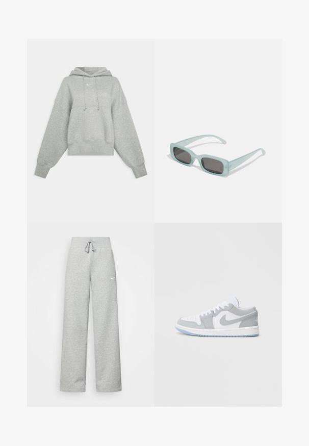 Grå cropped hoodie lavet af blødt materiale. Har en justerbar hætte med snoretræk, brede ærmer og et lille logo på forsiden.; Grå sweatpants med elastisk talje, snor detaljer og et lille hvidt Nike-logo på venstre lår. Blødt stof, løs pasform.; Nike-sneakers med en blanding af gråt og hvidt læder, perforeret tå, snørebånd og en lys blå ydersål med logodetaljer.; Et par rektangulære solbriller med lyseblå gennemsigtige stel og mørkegrå linser, der har lige templer og minimale hardware detaljer.