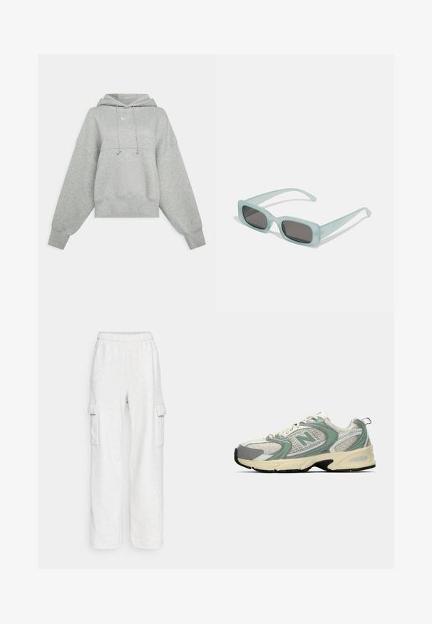 Graue, verkürzte Kapuzenjacke aus weichem Stoff. Sie verfügt über eine verstellbare Kapuze mit Zugband, weite Ärmel und ein kleines Logo auf der Vorderseite.; Hollister Co. CARGO WIDE LEG - Jogginghose - grey; Weiße und hellgrüne New Balance Sportsneaker aus Netzstoff, mit beigem Sohlenprofil und schwarzem Profil, seitlich auf einem schlichten Hintergrund dargestellt.; Ein Paar rechteckige Sonnenbrillen mit lichtblauen, halbtransparenten Rahmen und dunkelgrauen Gläsern, ausgestattet mit geraden Bügeln und minimalen Hardware-Details.