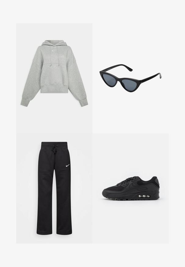 Sweat-shirt court gris en tissu doux. Dispose d'une capuche réglable avec cordon, de manches larges et d'un petit logo à l'avant.; Pantalons de survêtement noirs en mélange de coton, dotés d'une taille élastique avec cordon de serrage, de jambes droites et d'un logo Nike blanc sur le côté gauche.; Baskets de sport noires avec une tige en cuir lisse et en mesh, bout rond, accents texturés, et une unité d'air visible dans la semelle.; Lunettes de soleil noires en forme d'œil de chat avec des verres gris foncé, monture en plastique élégante, coins pointus et branches droites. Pas de métal visible ni d'accents.
