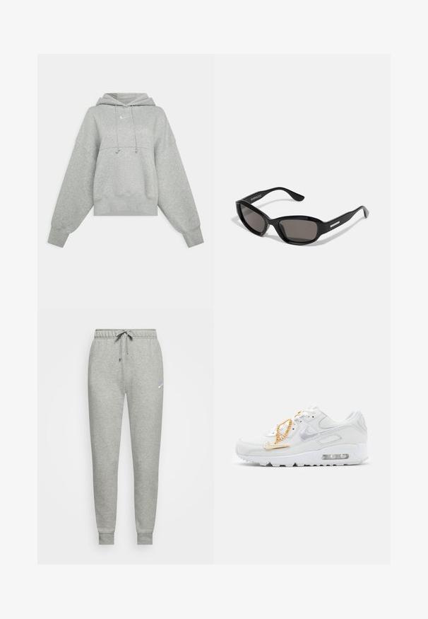 Γκρι κοντό hoodie φτιαγμένο από μαλακό ύφασμα. Διαθέτει ρυθμιζόμενη κουκούλα με κορδόνι, φαρδιές μανίκες και ένα μικρό λογότυπο μπροστά.; Γκρι φόρμες από μαλακό ύφασμα, με ελαστική μέση και κορδόνι, ριμπ μανσέτες και ένα μικρό λογότυπο στο αριστερό μηρό.; Nike Sportswear AIR MAX 90 - Αθλητικά παπούτσια - summit white/dark beetroot/white/metalic gold; Μαύρα γυαλιά ηλίου με ορθογώνιο σκελετό, σκούρους φακούς, λεία πλαστική υφή και μεταλλική λεπτομέρεια στο βραχίονα.