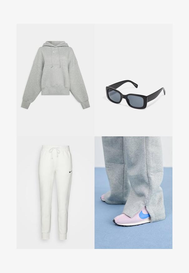 Grå cropped hoodie lavet af blødt materiale. Har en justerbar hætte med snoretræk, brede ærmer og et lille logo på forsiden.; Hvide bomulds sweatpants med elastisk talje, snøre og sort Nike logo på venstre side. Tætsiddende manchetter ved anklerne.; Grå sweatpants dækker lyserøde sneakers med en blå Nike swoosh, der har et struktureret stof og en kontrasterende sål.; Sorte rektangulære solbriller med mørkt tonede linser, tyk plastramme og brede stænger. Glat overflade og kantet design.