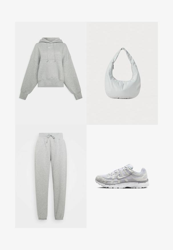 Grijze cropped hoodie van zacht materiaal. Heeft een verstelbare trekkoordcapuchon, brede mouwen en een klein logo op de voorkant.; Grijze sweatpants met elastische tailleband, verstelbare trekkoord en geribbelde manchetten. Gemaakt van zachte stof; heeft twee zijzakken.; Lichtgrijze sportschoenen met een bovenwerk van mesh en synthetisch materiaal, voorzien van een vetersluiting, een gevoerd kraagje en een gestructureerde zool voor grip.; Zachte, lichtgrijze hobo tas van synthetisch materiaal. Heeft een enkele gevoerde handgreep en een ritsvak aan de zijkant.