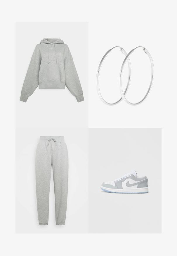 Grijze cropped hoodie van zacht materiaal. Heeft een verstelbare trekkoordcapuchon, brede mouwen en een klein logo op de voorkant.; Grijze sweatpants met elastische tailleband, verstelbare trekkoord en geribbelde manchetten. Gemaakt van zachte stof; heeft twee zijzakken.; Nike-sneakers met een mix van grijs en wit leer, geperforeerde neus, veters en een lichtblauwe buitenzool met logo-ontwerp.; Zilverkleurige oorringen met een gladde, ronde vorm en een gepolijste afwerking. Beide oorbellen zijn van dezelfde grootte en hebben een veilige sluitmechanisme.