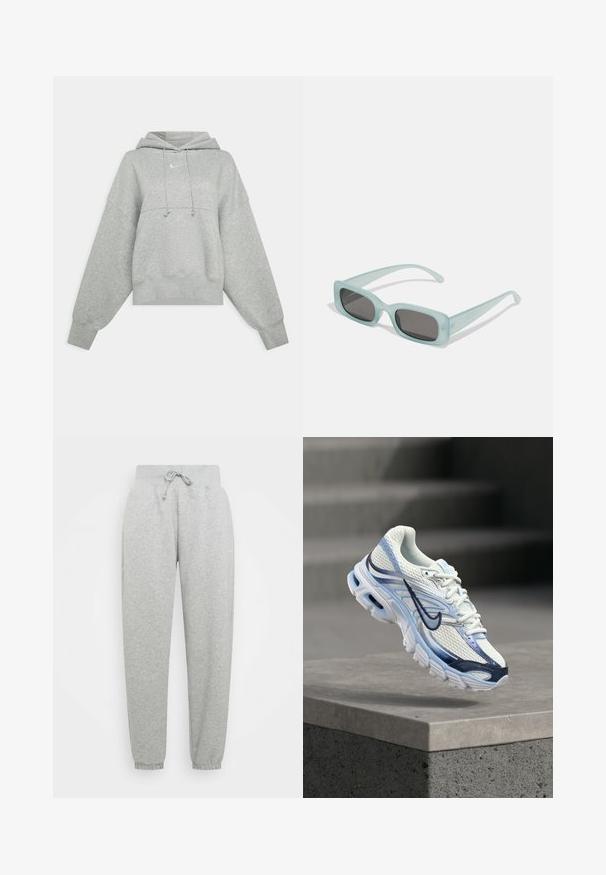 Grå croppet hettegenser laget av mykt stoff. Har justerbar snøring på hetten, vide ermer og en liten logo foran.; Grå joggebukser med elastisk liv, justerbar snøring og ribbede mansjetter. Laget av myk stoff; har to sidelommer.; Hvit og lyseblå treningssko med mørkeblå Swoosh-logo som svever over en grå betongblokk.; Et par rektangulære solbriller med lys blå gjennomsiktige rammer og mørke grå linser, med rette stenger og minimale maskinvare detaljer.