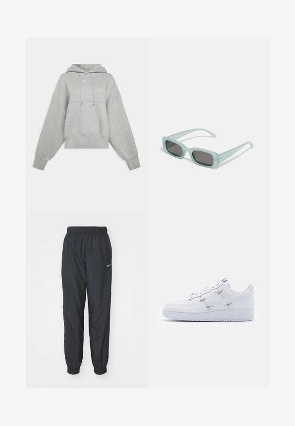 Hallid hall kapuutsviidrik, mis on valmistatud pehmest kangast. Omab reguleeritavat kapuutsi, laiu varrukaid ja väikest logo ees.; Mustad Nike spordipüksid, mis on valmistatud kergest kangast, elastse vöökoha ja mansettidega, vasaku jala peal on väike valge logo.; Nike Sportswear AIR FORCE 1 - Tossud - white/hyper royal/black; Kaks ümmargust päikeseprilli, millel on helesinised poolläbipaistvad raamid ja tumehallid objektiivid, sirged tempud ja minimaalsete detailidega riistvara.