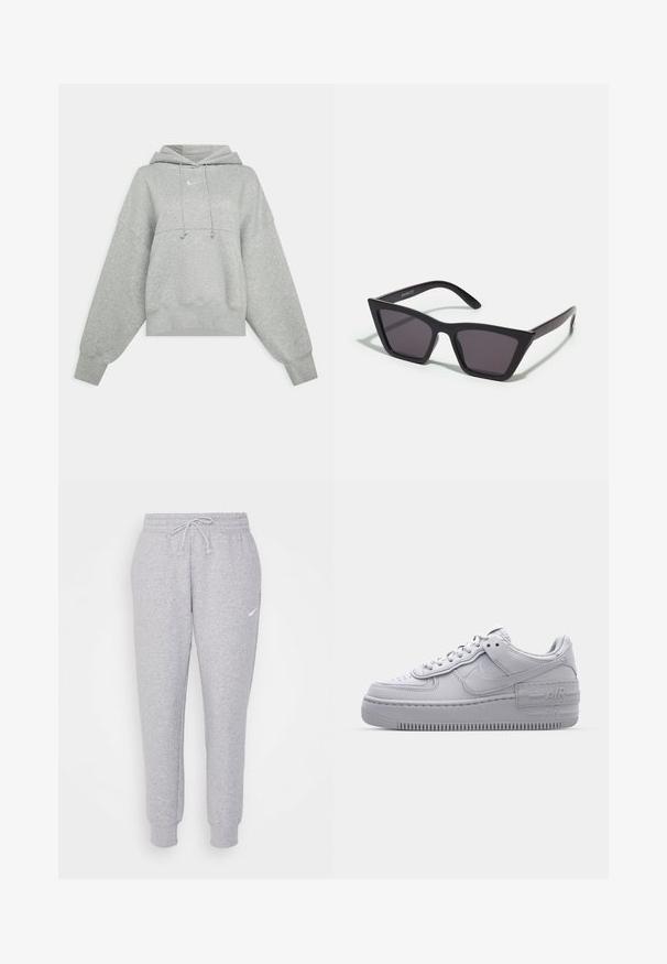 Grijze cropped hoodie van zacht materiaal. Heeft een verstelbare trekkoordcapuchon, brede mouwen en een klein logo op de voorkant.; Lichtgrijze sweatpants met een trekkoord bij de taille, taps toelopende benen en een klein wit logo op de linkerdij. Gemaakt van een zachte, gestructureerde stof.; Grijze Nike Air Force 1 sneaker met geperforeerde neus, glad leren bovenwerk, dikke zool en verhoogde 'AIR' details op de hiel.; Zwarte, hoekige zonnebril met grijze lenzen; gemaakt van plastic, met dikke armen met een gladde oppervlakte en zonder zichtbare hardware.