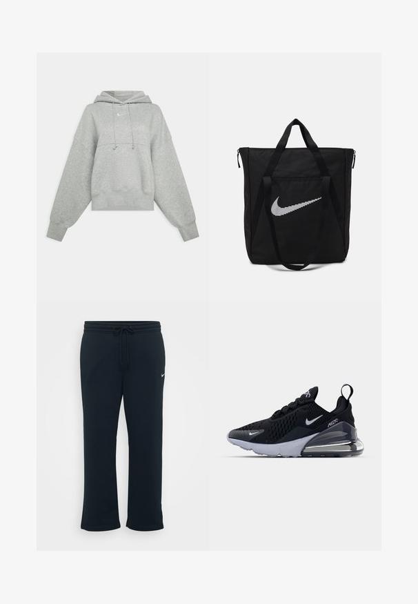 Sweat-shirt court gris en tissu doux. Dispose d'une capuche réglable avec cordon, de manches larges et d'un petit logo à l'avant.; Un pantalon de survêtement noir avec une taille élastique et un cordon de serrage ajustable. Il présente un petit logo Nike blanc sur le côté gauche. Texture de tissu douce.; Baskets de sport noires avec un dessus en maille, arborant un logo Swoosh blanc, une unité Air visible et une semelle extérieure texturée. Détails supplémentaires comprenant une languette à l'arrière.; Sac en nylon noir avec deux poignées robustes et fermeture éclair. Présente un logo Swoosh blanc Nike en design rayé horizontal.