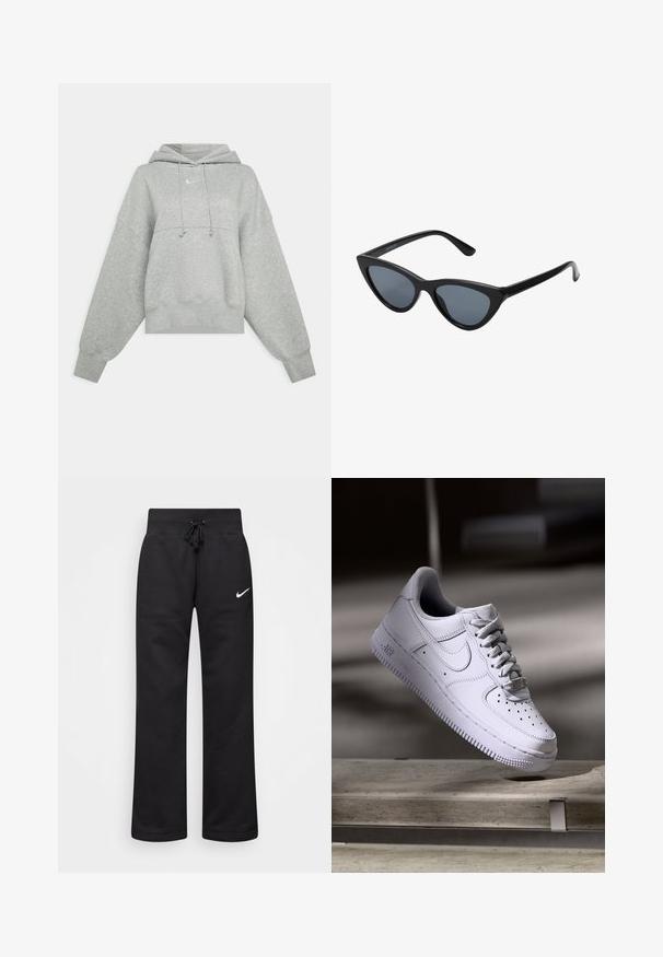Grijze cropped hoodie van zacht materiaal. Heeft een verstelbare trekkoordcapuchon, brede mouwen en een klein logo op de voorkant.; Zwarte sweatpants van een katoenmix, voorzien van een tailleband met koord, rechte pijpen, en een wit Nike-logo aan de linkerzijde.; Witte Nike Air Force 1 sneaker die zweeft boven een betonnen oppervlak met schaduwen in een minimalistische setting.; Zwarte cat-eye zonnebril met donkergrijze lenzen, slank plastic frame, puntige hoeken en rechte pootjes. Geen zichtbare hardware of accenten.