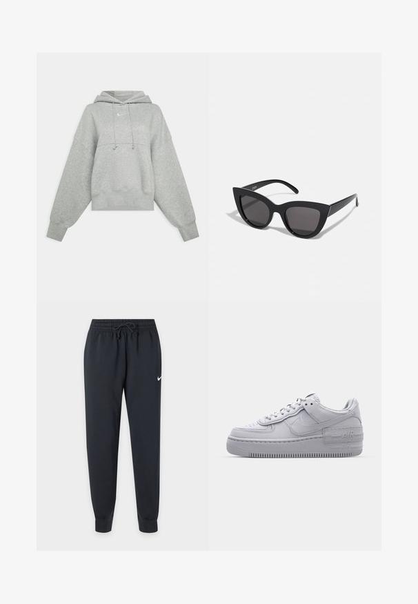 Hanorac scurt gri, realizat dintr-un material moale. Dispune de o glugă cu șnur ajustabil, mâneci largi și un logo mic pe față.; Pantaloni sport negri Nike cu talie elastică și șnur, picioare conice, manșete la glezne și mic logo alb Nike pe coapsa dreaptă.; Sneaker Nike Air Force 1 gri cu vârf perforat, superior din piele netedă, talpă groasă și detaliu embosat 'AIR' pe toc.; Ochelari de soare negri, forma cat-eye, cu un finisaj mat, având lentile gri și unghiuri ascuțite, precum și brațe laterale elegante. Numele brandului este vizibil pe brațul interior.