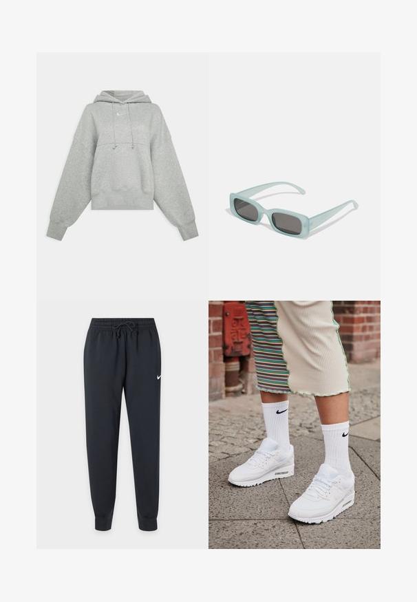 Graue, verkürzte Kapuzenjacke aus weichem Stoff. Sie verfügt über eine verstellbare Kapuze mit Zugband, weite Ärmel und ein kleines Logo auf der Vorderseite.; Schwarze Nike Jogginghose mit elastischem Bund und Kordelzug, schmal zulaufenden Beinen, Bündchen an den Knöcheln und kleinem weißen Nike-Swoosh am rechten Oberschenkel.; Weiße Nike Air Max 90 Sneakers mit Obermaterial aus Mesh und Leder, ausgestattet mit einer sichtbaren Air-Einheit, kombiniert mit weißen gerippten Socken mit schwarzem Logo.; Ein Paar rechteckige Sonnenbrillen mit lichtblauen, halbtransparenten Rahmen und dunkelgrauen Gläsern, ausgestattet mit geraden Bügeln und minimalen Hardware-Details.