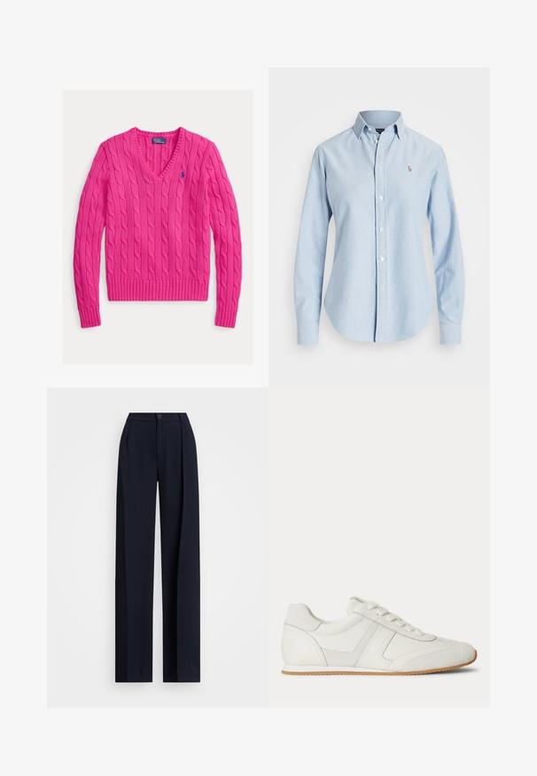 Suéter rosa de punto con cuello en V, puños y dobladillo acanalados. Cuenta con un pequeño logo bordado en el lado izquierdo del pecho. Textura suave.; Camisa azul clara de manga larga, confeccionada en algodón, con cuello puntiagudo y un pequeño logo bordado en el lado izquierdo del pecho.; Pantalones de pierna ancha en color marino con pliegues, cierre de botón y una textura de tela suave. Diseñados para un ajuste suelto y cómodo.; Zapatilla blanca de corte bajo con cordones en la parte frontal, paneles de ante y cuero, y una suela de goma marrón claro sobre un fondo blanco.