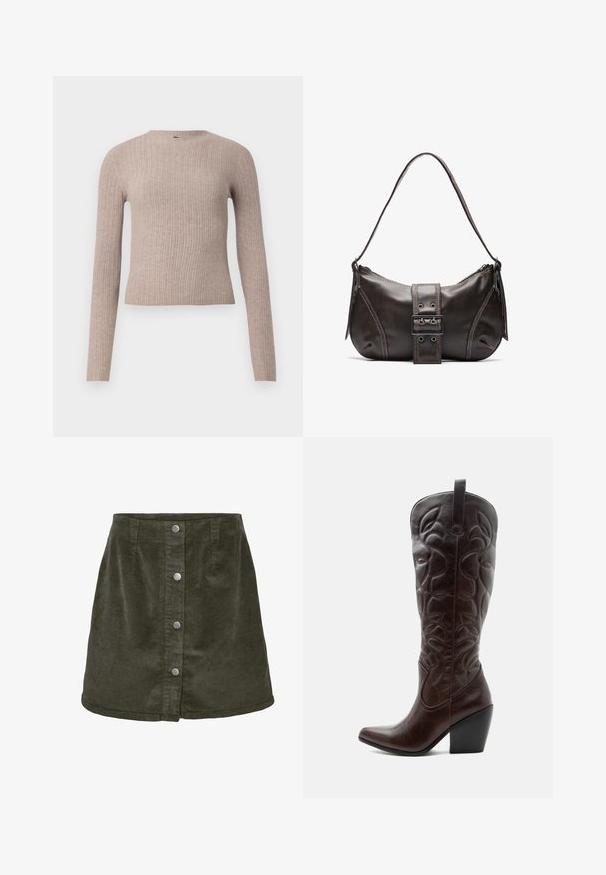 Beige geribbelde langwerpige trui met een ronde halslijn en een getailleerd silhouet, gepresenteerd op een effen witte achtergrond.; Donkergroene corduroy mini-jurk in A-lijn vorm, met vijf zilveren knoopsluitingen aan de voorkant en verticale ribbelstructuur.; Lange donkerbruine leren cowboylaars met gestikte decoratieve patronen, spitse neus en gestapelde blokhak.; Bruine leren schoudertas met een gebogen vorm, voorzien van een opvallende gespdetail, contrasterende stiksels en een enkele schouderband.