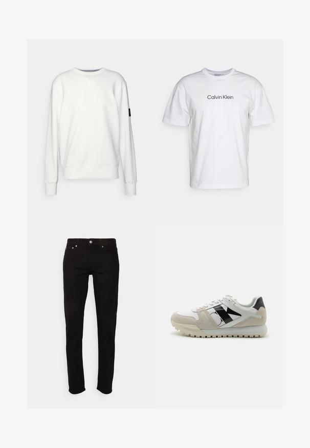 Sudadera blanca con cuello redondo, puños y dobladillo acanalados, con un pequeño logo negro en la manga izquierda. Textura suave, diseño casual.; Camiseta de algodón blanca con cuello redondo y mangas cortas, con "Calvin Klein" impreso en negro en el centro del frente.; Vaqueros negros de corte ajustado con cierre de botón y cremallera, bolsillos delanteros y traseros, mostrados sobre fondo blanco.; Zapatilla blanca con acentos en negro y beige, hecha de cuero y ante. Presenta una suela gruesa y un gran logotipo en el lateral.