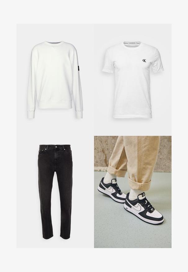 Witte sweatshirt met een ronde hals, ribgebreide manchetten en zoom, met een klein zwart logo op de linker mouw. Gladde textuur, casual ontwerp.; Witte T-shirt met korte mouwen en ronde hals met klein zwart "CK"-logo op de linkerborst, gelabeld Calvin Klein Jeans, maat medium.; Zwarte spijkerbroeken van denim met een rechte pijpdesign, voorzien van een middelhoge taille, riemlussen en vijf-pocketstijl. Zachte textuur met minimale vervaging.; Zwart-witte Nike Air Force 1 sneakers met een leren bovenwerk, geperforeerde neus en gestructureerde zooldetails, gedragen met opgerolde beige broek en witte sokken.