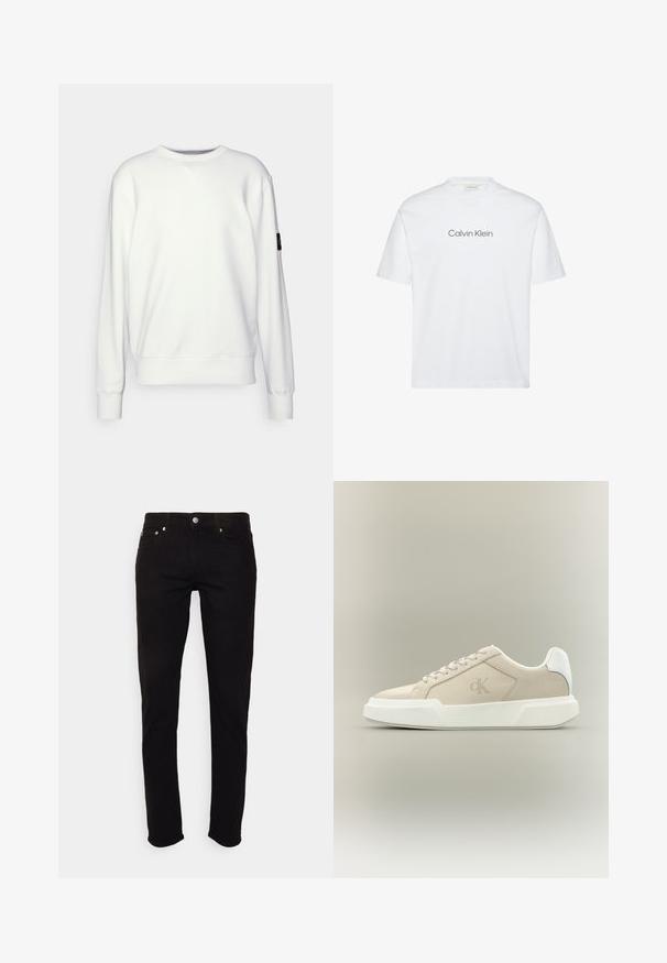 Sudadera blanca con cuello redondo, puños y dobladillo acanalados, con un pequeño logo negro en la manga izquierda. Textura suave, diseño casual.; Camiseta blanca de algodón con mangas cortas. Presenta un cuello redondo y un logo impreso de "Calvin Klein" en gris en el pecho.; Vaqueros negros de corte ajustado con cierre de botón y cremallera, bolsillos delanteros y traseros, mostrados sobre fondo blanco.; Zapatilla beige de corte bajo con suela blanca gruesa, cordones, lengüeta blanca en el talón y logo sutil de CK en el panel lateral.