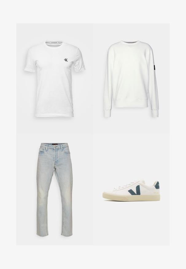 Hvid sweatshirt med rund hals, ribbestrikkede manchetter og kant, prydet med et lille sort logo på venstre ærme. Glat tekstur, afslappet design.; Hvid T-shirt med korte ærmer og rund hals med lille sort "CK"-logo på venstre bryst, mærke Calvin Klein Jeans, størrelse medium.; Lyseblå lige ben jeans lavet af denim. Har et fem-lomme design, bælteløkker og subtil slid. Ingen synlige mønstre eller accenter.; Hvide lædersneakers med et teal suede-logo, rund tå, snørebåndsdesign og gummisål med struktureret detaljering. Mærkenavnet "VEJA" i guld.