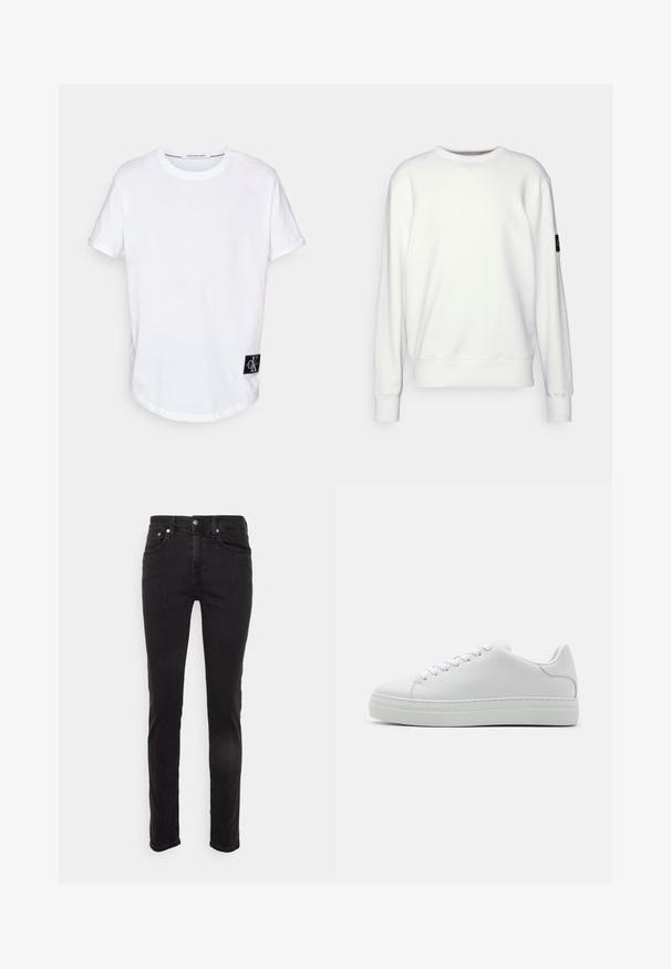 Weißes Sweatshirt mit Rundhalsausschnitt, gerippten Bündchen und Saum, mit kleinem schwarzem Logo auf dem linken Ärmel. Glatte Textur, lässiges Design.; Weißes Baumwoll-T-Shirt mit umgeschlagenen Kurzärmeln, abgerundetem Saum und einem schwarzen Logotag mit "CK" auf der unteren linken Seite.; Schmal geschnittene schwarze Jeans aus Denim mit Vordertaschen, Gürtelschlaufen und Knopfverschluss vor einem einfarbigen hellen Hintergrund.; Weiße Ledersneaker mit einer klobigen Plattformsohle, runder Zehenpartie und sechs Ösen. Glatte Textur mit subtilen Stichdetails.
