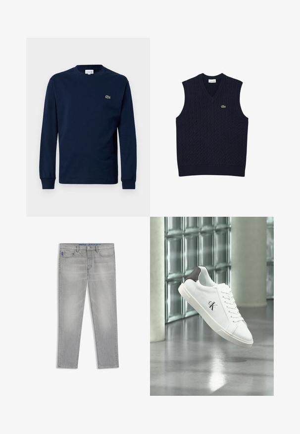 Lacoste Džemper - bleu marine vert; Tumesinine pika varrukatega T-särk, mis on valmistatud puuvillast, ümaralise kaelusega ja väikese rohelise krokodilli logoga vasakul rinnal.; Heledatseh hallid sirge lõikega teksapüksid esitaskute, vööaasa ja nööpidega, esitatud tasasel valgel taustal.; Valge tennisejalanõu musta kandlapi ja "ck" logoga, nauhitud, kujutatud hõljuvana läikiva halli põranda kohal, taustal klaasplokisein ja sambad.