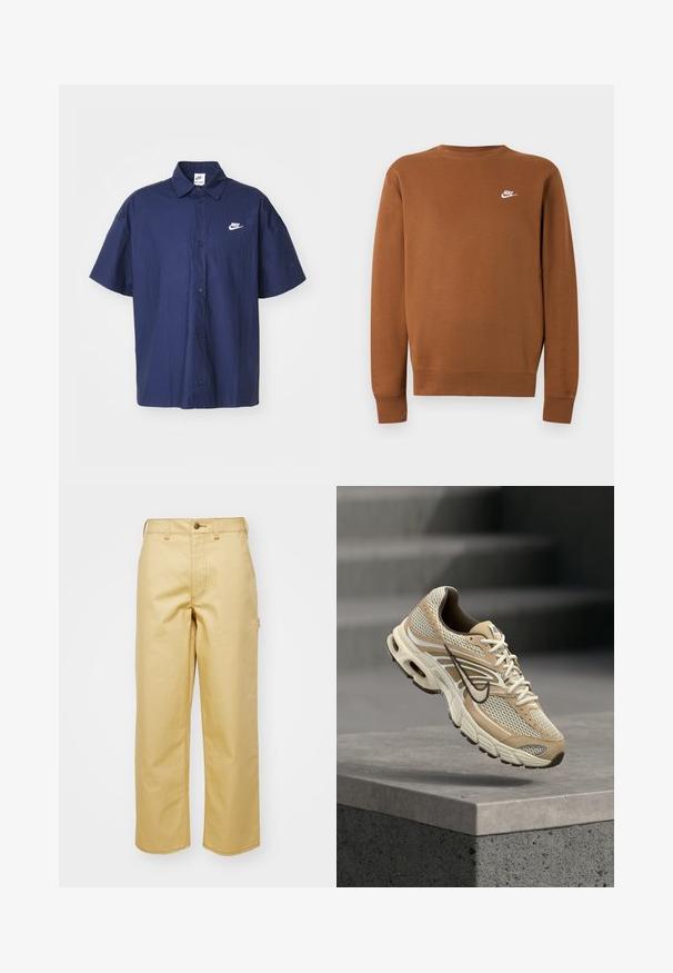 Brun langærmet Nike sweatshirt med rund halsudskæring og lille hvidt logo på venstre bryst, vist på en ensartet lys grå baggrund.; Marineblå skjorte med korte ærmer, knaplukning og en krøllet tekstur samt et hvidt Nike-logo på venstre bryst. Har en standard krave og sorte knapper.; Beige, vidde bukser lavet af bomuld med frontknaplukning, bæltestropper og sidelommer. Glat tekstur med synlige syninger.; Beige og hvid Nike løbesko med mesh paneler og sort swoosh, der svæver over en betonkant med slørede trapper i baggrunden.
