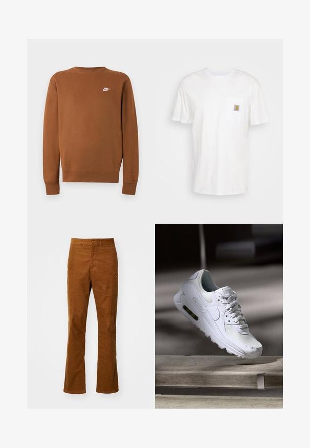 Hnedá mikina Nike s dlhým rukávom a okrúhlym výstrihom a malým bielym logom na ľavej strane hrudníka, zobrazená na jednofarebnom svetlošedom pozadí.; Biele bavlnené tričko s krátkymi rukávmi, vreckom na hrudi a malou štvorcovou nášivkou v oranžovej a bielej farbe na vrecku.; Hnedé kordové rozšírené nohavice s plochým predným dielom, jedným gombíkom na zapínanie a bočnými vreckami. Textúra je ryhovaná, čo poskytuje mäkký a odolný pocit.; Biele tenisky Nike Air Max 90 s vrchnou časťou z kože a sieťoviny, perforovanou špičkou a viditeľnou vzduchovou jednotkou v päte.