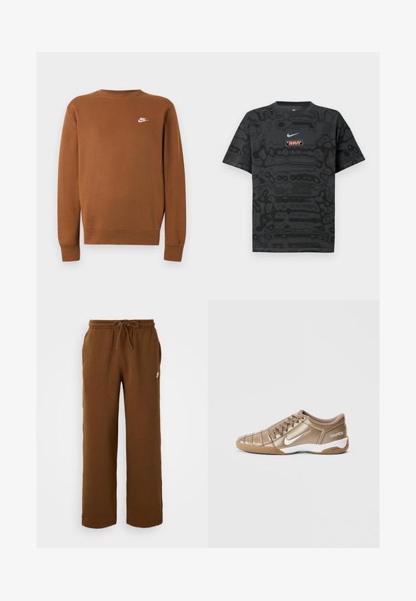 Pruun pika varrukaga Nike dressipluus ümara kaelusega ja väikese valge logoga vasakul rinnal, esitatud ühevärvilisel heledal hallil taustal.; Must T-särk tekstuurse mustriga, millel on helesinine väike Nike logo ja ristkülikukujuline kontrastsetes värvides logomärk.; Pruunid dressipüksid, mis on valmistatud pehmest kangast, elastse vöökoha ja nööriga, küljetaskud ning valge logo vasakul küljel.; Nike Total 90 III jalgpallijalatsid metallik-kuldses värvitoonis, valge Swoosh-logoga, sileda tekstuuri, paelte ja kummist tallaga.