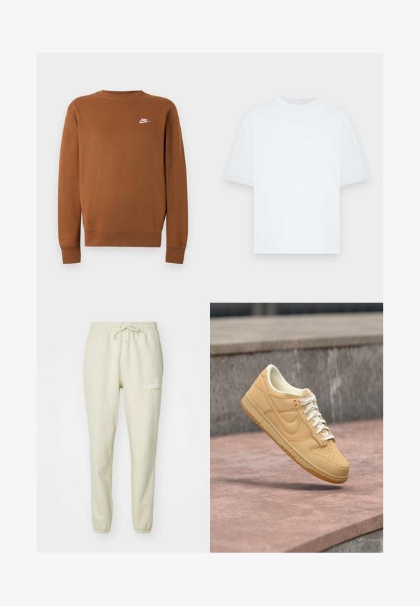 Bruine lange mouwen Nike sweater met ronde hals en klein wit logo op de linkerborst, afgebeeld op een effen lichtgrijze achtergrond.; Lichtblauw, katoenen T-shirt met korte mouwen en een ronde hals. Voorzien van een klein wit Jordan-logo op de borst.; Lichtbeige sweatpants gemaakt van zachte stof, met een elastische tailleband en trekkoord, gebreide enkels en een klein bedrukt logootje.; Beige Nike lage sneaker met witte veters en een gumzool die zweeft boven een stenen oppervlak en een betonnen achtergrond.