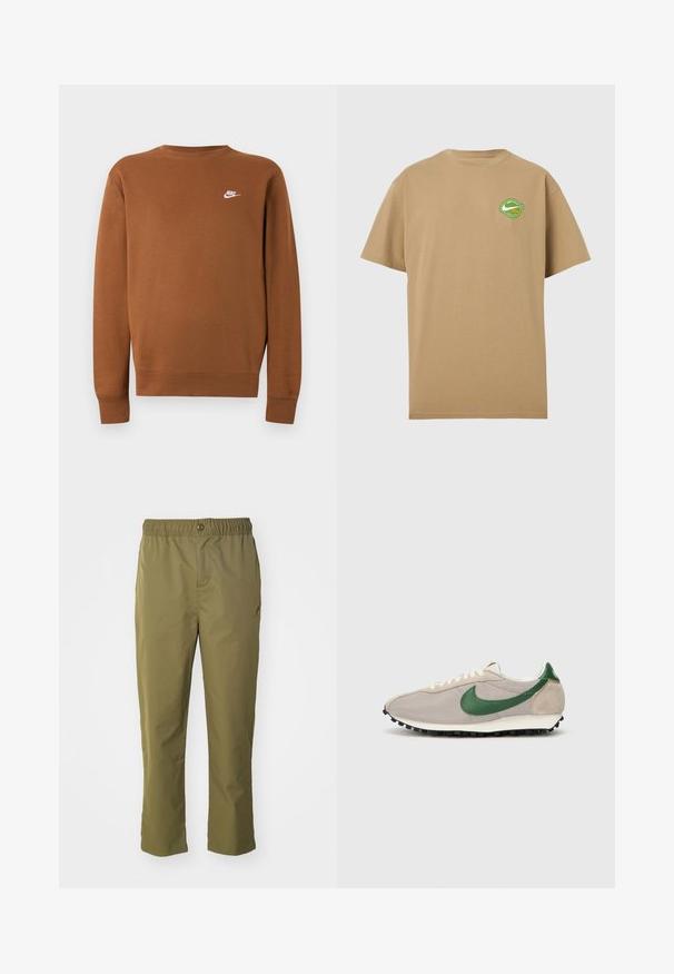 Καφέ φούτερ Nike με μακρύ μανίκι και στρογγυλή λαιμόκοψη και μικρό λευκό λογότυπο στο αριστερό μέρος του στήθους, εμφανίζεται σε απλό ανοιχτό γκρι φόντο.; Μπεζ κοντομάνικη μπλούζα με μικρό κυκλικό λογότυπο πράσινου και λευκού χρώματος στο αριστερό στήθος, που απεικονίζει ένα σβούρωμα και κείμενο.; Ελαιόχρωμα παντελόνια με ελαστική μέση, κλείσιμο με κουμπί και χαλαρή εφαρμογή. Φτιαγμένα από ελαφρύ ύφασμα, με πλαϊνές τσέπες.; Μπεζ αθλητικά παπούτσια με πράσινες σουέτ λεπτομέρειες, υφασμάτινο επάνω μέρος με υφή, κρεμ κορδόνια και μαύρη λάστιχενη σόλα με καρφιά πρόσφυσης.