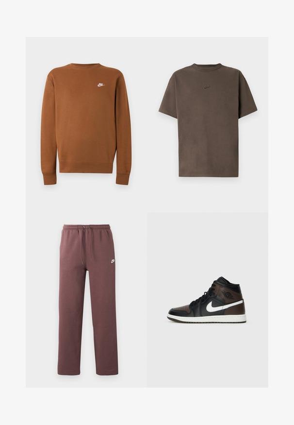 Sudadera marrón de manga larga de Nike con cuello redondo y pequeño logo blanco en el pecho izquierdo, mostrada sobre un fondo liso gris claro.; Camiseta marrón de manga corta de Nike con cuello redondo y pequeño logo bordado centrado en el pecho sobre un fondo blanco.; Pantalones deportivos marrones de Nike con cintura elástica y cordón, con un pequeño logo blanco de Nike en el muslo izquierdo.; Zapatillas altas negras y marrones con parte superior de cuero, logotipo de swoosh blanco, puntera perforada y suela de goma. Cuenta con cordones y cuello negros.