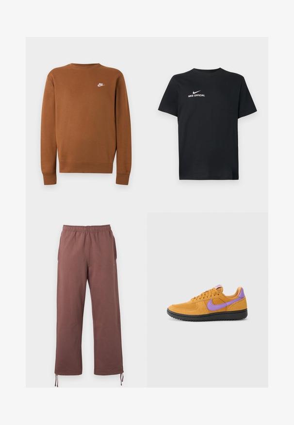 Braunes langärmliges Nike Sweatshirt mit Rundhalsausschnitt und kleinem weißen Logo auf der linken Brust, dargestellt auf einem schlichten hellgrauen Hintergrund.; Schwarzes Baumwoll-T-Shirt mit rundem Halsausschnitt. Vorderseite mit weißem Nike-Logo und dem Schriftzug "NIKE OFFICIAL". Kurze Ärmel.; Braune Hose mit elastischem Bund aus weichem Stoff, ausgestattet mit Seitentaschen und verstellbaren Kordeln an den Bündchen für eine individuelle Passform.; Orange Wildlederschuh mit lila Akzenten, mit einem Schnürdesign, runder Zehenform und strukturiertem schwarzen Gummisohle.