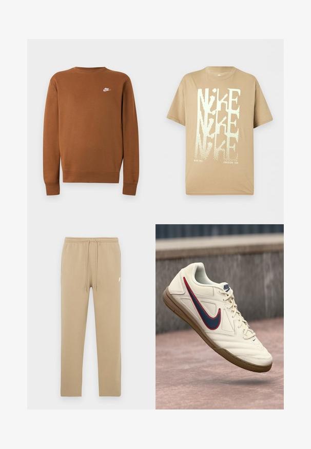 Καφέ φούτερ Nike με μακρύ μανίκι και στρογγυλή λαιμόκοψη και μικρό λευκό λογότυπο στο αριστερό μέρος του στήθους, εμφανίζεται σε απλό ανοιχτό γκρι φόντο.; Μπεζ κοντομάνικο T-shirt της Nike με επικαλυπτόμενο μεγάλο λευκό κείμενο "NIKE" και μικρά "NIKE INC." και "OREGON, USA" στο κάτω μέρος.; Μπεζ φόρμες με ελαστική μέση και κορδόνια, με λευκό μικρό λογότυπο Nike στο πάνω αριστερό μηρό.; Λευκό sneakers της Nike με μπλε και κόκκινη λωρίδα, υφασμάτινο σώμα από δερμάτινη επένδυση, σχέδιο με κορδόνια και σόλα από καουτσούκ γάλακτος.