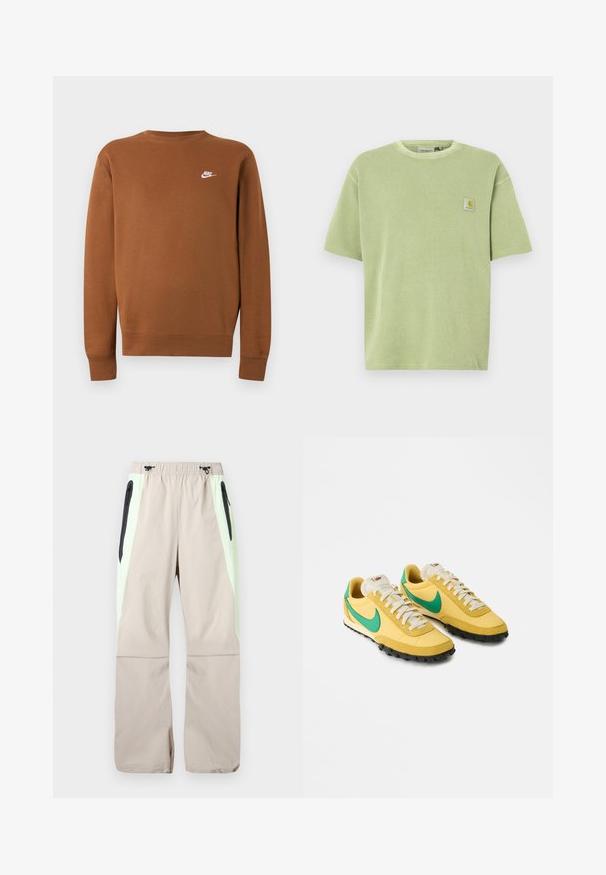 Brown long-sleeve Nike sweatshirt with crew neck and small white logo on the left chest, displayed on a plain light gray background.; Light green, short-sleeve T-shirt with a ribbed texture and logo patch on the chest. Relaxed fit and crew neckline.; Beige pants with light green side panels, black zippered thigh pockets, and elastic waistband with black drawstrings.; Yellow Nike sneakers with green swoosh logos, white laces, and black textured soles angled to the right on a white background.